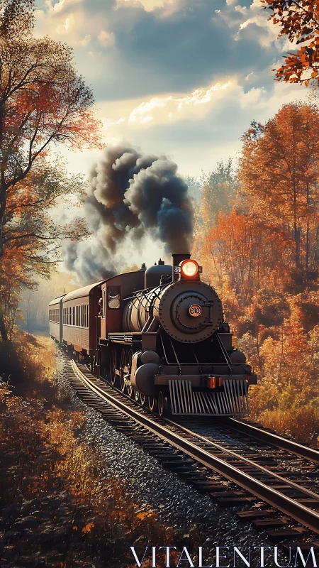 Steam locomotive crossing twin tracks in golden autumn forest