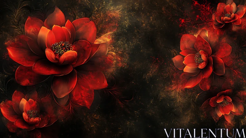 Ember-petaled blossoms drift through a midnight floral nebula.