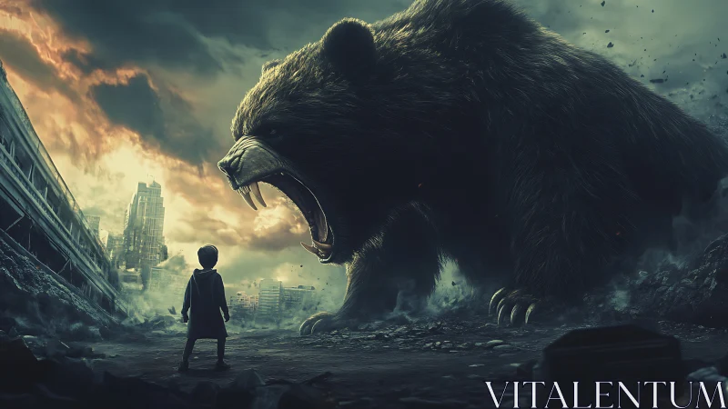 Giant bear confronts lone child in ruined apocalyptic cityscape.
