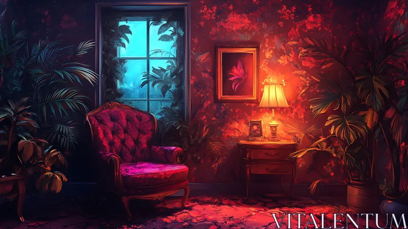 Velvet armchair glows under warm lamp in lush scarlet room.