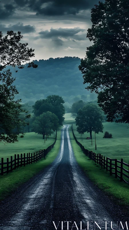 Long rural road between fenced fields under overcast sky.