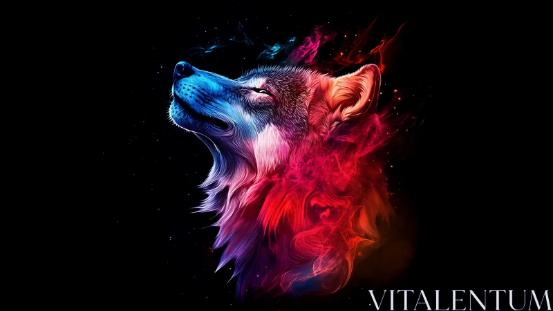 Neon wolf profile explodes into vibrant cosmic flames.