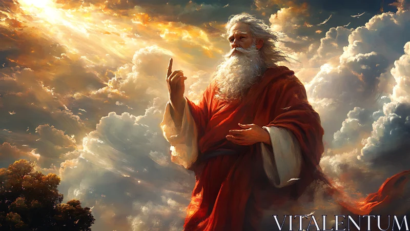 Celestial elder in volumetric clouds under radiant skyfield.