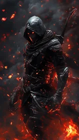Hooded fire warrior strides through swirling embers and smoke