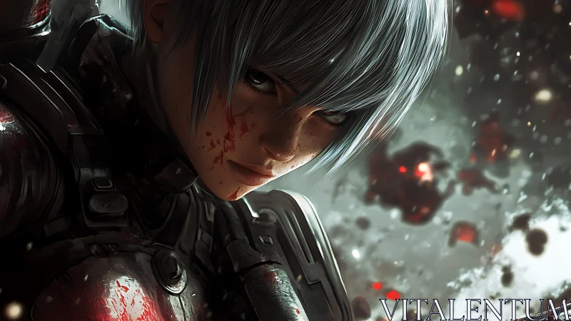 Battle-scarred space huntress framed in shrapnel-lit storm.