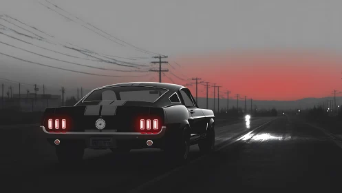 Retro fastback coupe under desaturated twilight arterial sky.