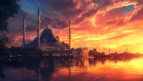 Golden crescent mosque glows over tranquil waters at dusk