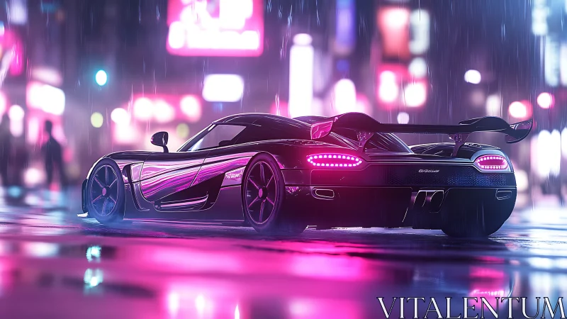 Neon-lit supercar waits in rainy cyberpunk city streets