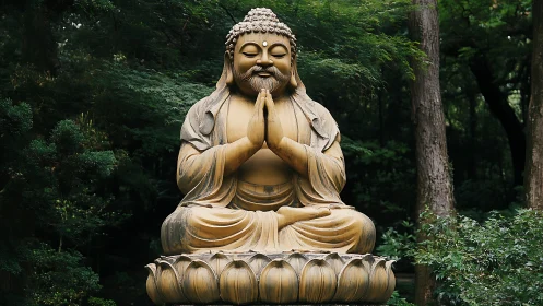 Buddha statue seated in lotus posture within dense green trees