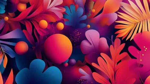 Abstract neon foliage with glowing spheres and gradients.