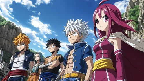 Skybound guild of young heroes ready for cliffside quests.