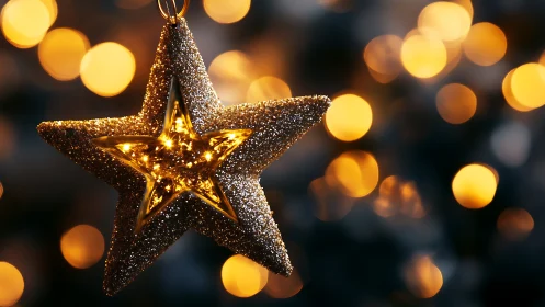 Star ornament hangs before defocused circular light sources