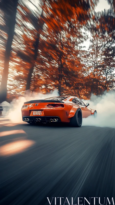 Orange drift car tears through autumn forest road in smoke.