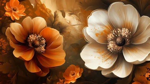 Ethereal Orange and White Flowers in Warm Digital Composition