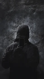 Hooded figure with smartphone in moody low key lighting.