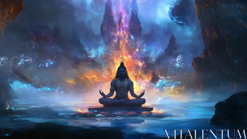 Meditating deity rests in cosmic light amid serene waters