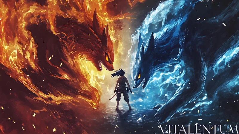 Boy stands between opposing red fire wolf and blue ice wolf