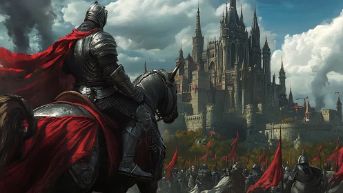 Armored knight leads siege lines toward gothic citadel.