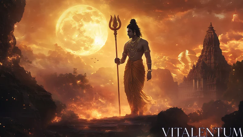 Divine figure with trident before full moon and temple.