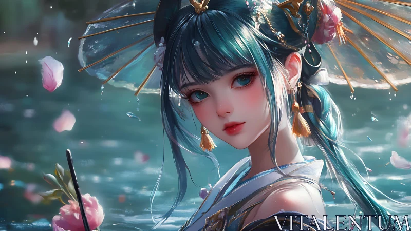 Lakeborn parasol muse beneath drifting blossom weather.