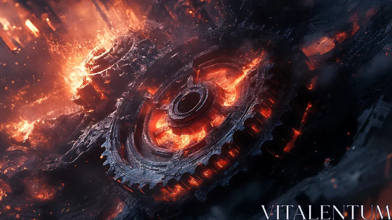 Molten industrial gears turning in a fiery inferno.