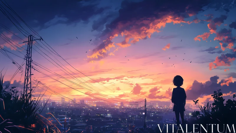 Twilight city horizon observed by silhouetted child figure.