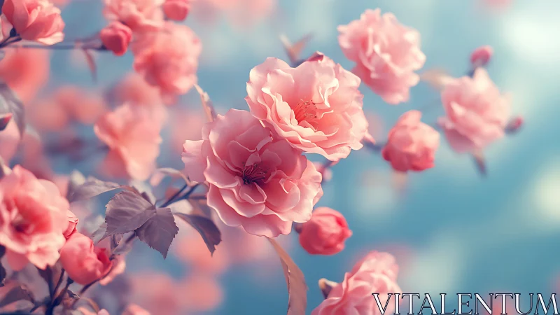Pink Roses in Soft Focus Against Blue Sky. Ethereal Floral Composition.