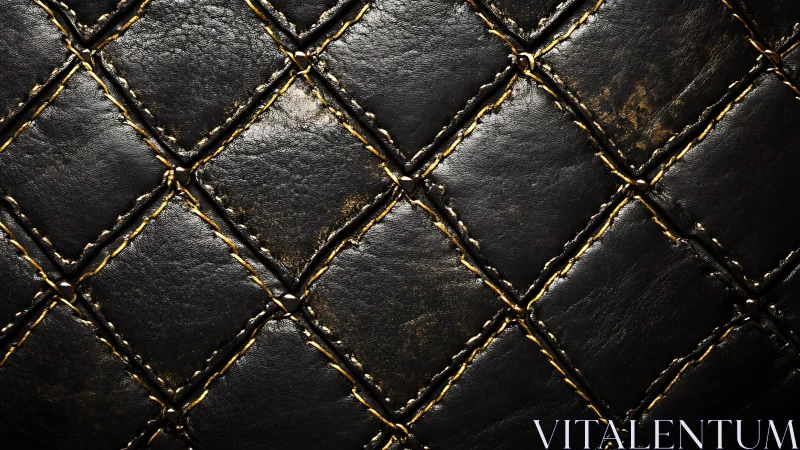 Luxurious black quilted leather texture with golden seams, close-up.