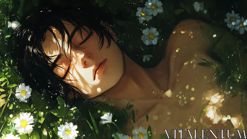 Softly dappled dreamer drifting in wildflower waterlight.