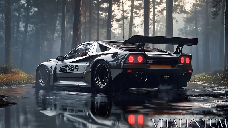Track-prepped widebody supercar idling on wet forest roadway