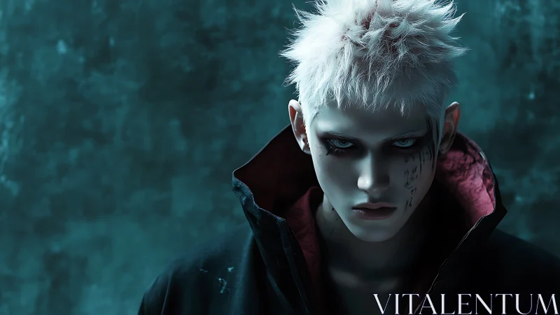 White-haired character in dark coat against teal wall background.