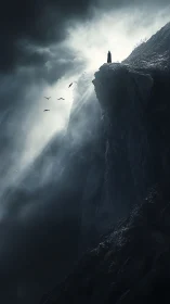 Lone wanderer greeting the stormy cliffside morning light.