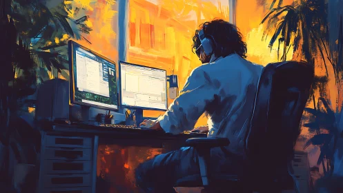 Sunset code alchemist bends glowing screens to quiet focus