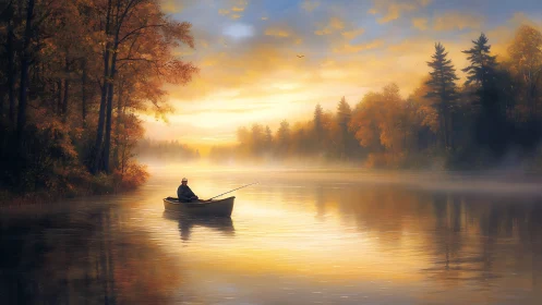 Solitary angler in rowboat on calm river at autumn sunrise.
