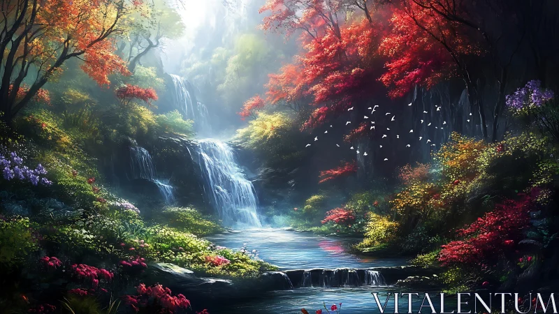 Luminous waterfall glade in saturated fantasy forest palette.