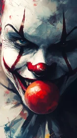 Sinister clown portrait with red balloon and harsh strokes.