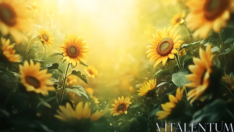 Backlit sunflower field under diffused golden sunrise glow