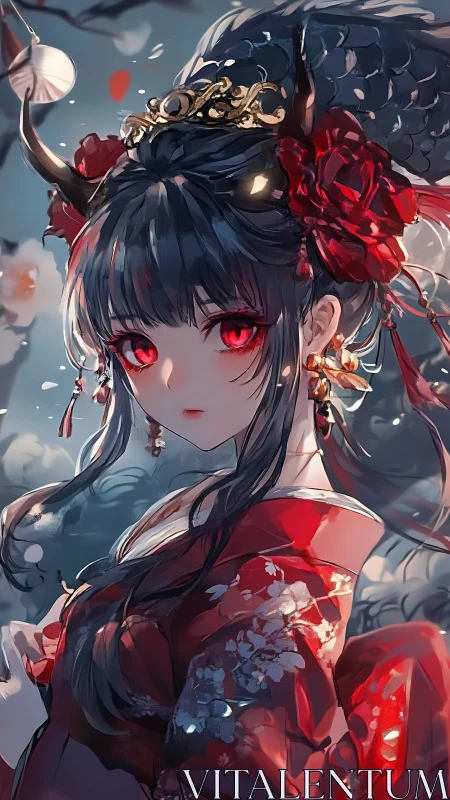 Demonic kimono maiden with crimson ocular luminance at dusk.