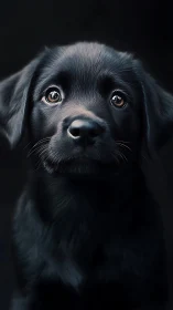 Low-key photoreal portrait of black puppy with specular optics.