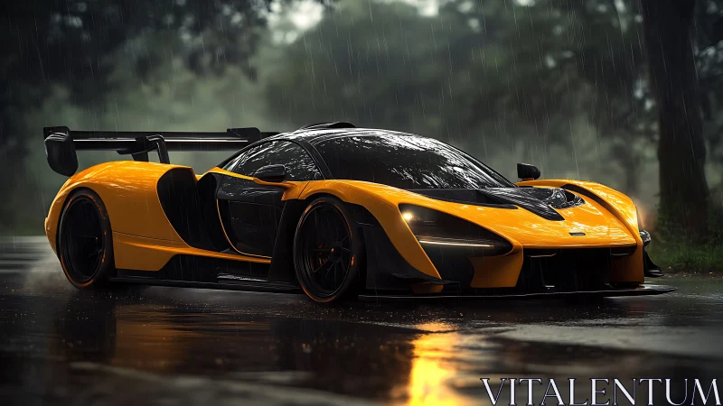 Yellow race car on wet road under rain in forest setting.