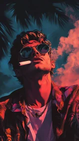 Neon-lit portrait with tropical noir lighting and smoke play.