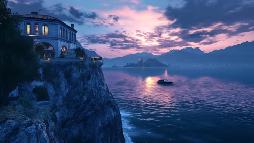 Cliffside Villa Glows at Twilight Over Tranquil Waters