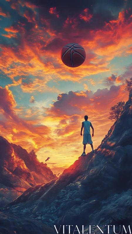 Digital painting of lone basketball player under cinematic sky.