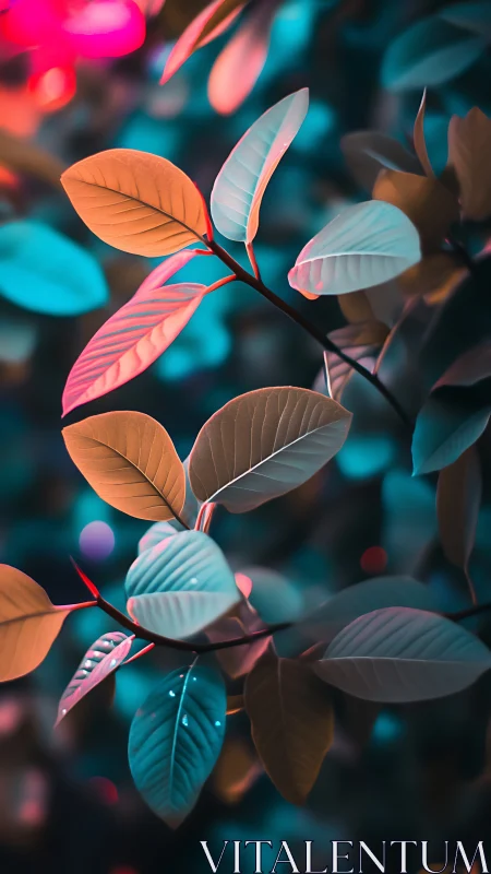 Dreamy neon leaves drifting through twilight garden light.