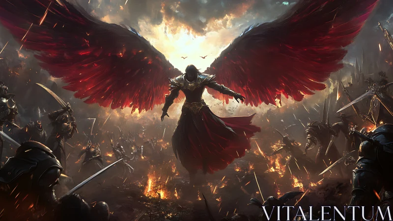 Crimson war angel unfurls burning wings above doomed armies.