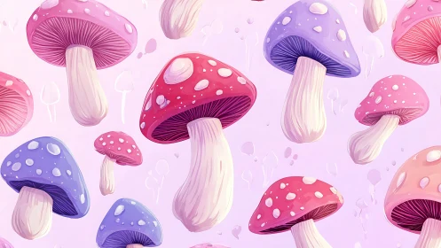 Colorful cartoon mushrooms float across soft pastel field