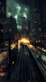 Night urban rail corridor under dense high rise skyline.