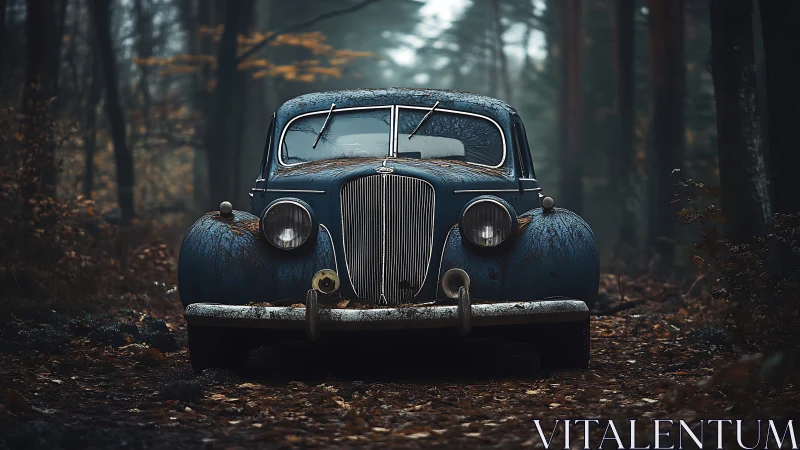 Rusting vintage blue car sits abandoned in dense forest