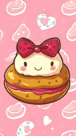Cheerful Kawaii Donut Character with Crimson Bow on Pink Patterned Background