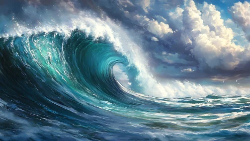 Large curling ocean wave beneath dense cumulus clouds.